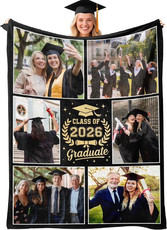 Personalized Graduation Blanket with Pictures, 2026 Graduation Gifts for Women & Men,Custom Class of 2026 Photo Gifts Soft Flannel Throw for College, High School, Master & PHD Graduations