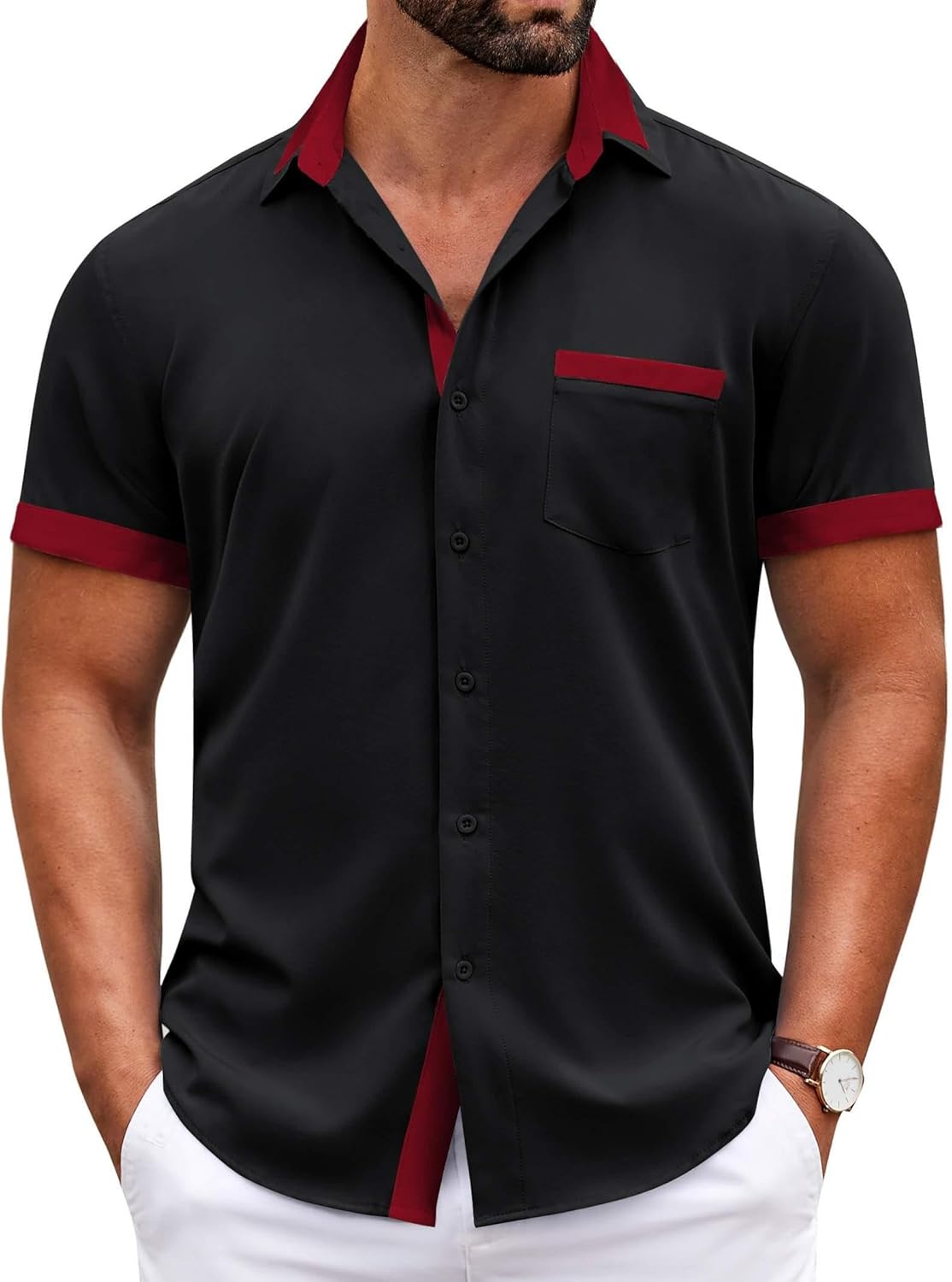 Mens Short Sleeve Button Down Shirts Casual Wrinkle Free Dress Shirt Plaid Collar Summer Shirts