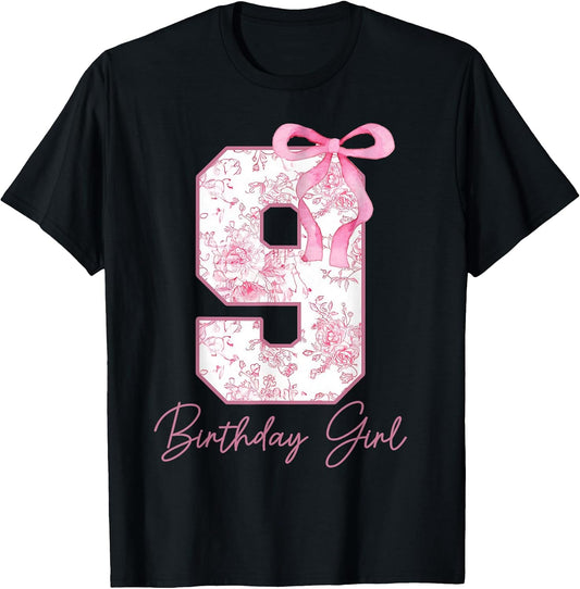 9th Birthday Girl Pink Coquette Bow 9 Year Old