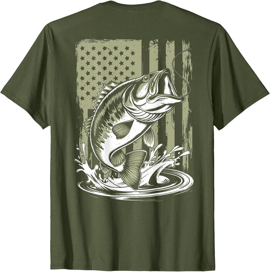 Fishing Camo Bass Fish American Flag Men's Graphic Fishing T-Shirt