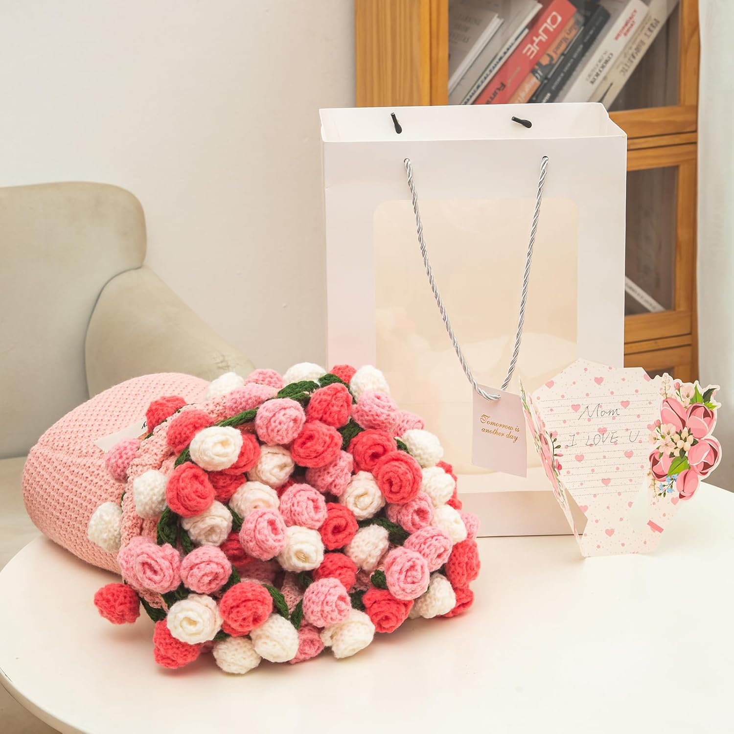 Crochet Flower Bouquet Blanket with Gift Bag & Custom Card, Handmade Knitted Throw Blanket for Mothers Day Valentine’s Day, Anniversary, Soft Crochet Floral Blanket for Home Decor