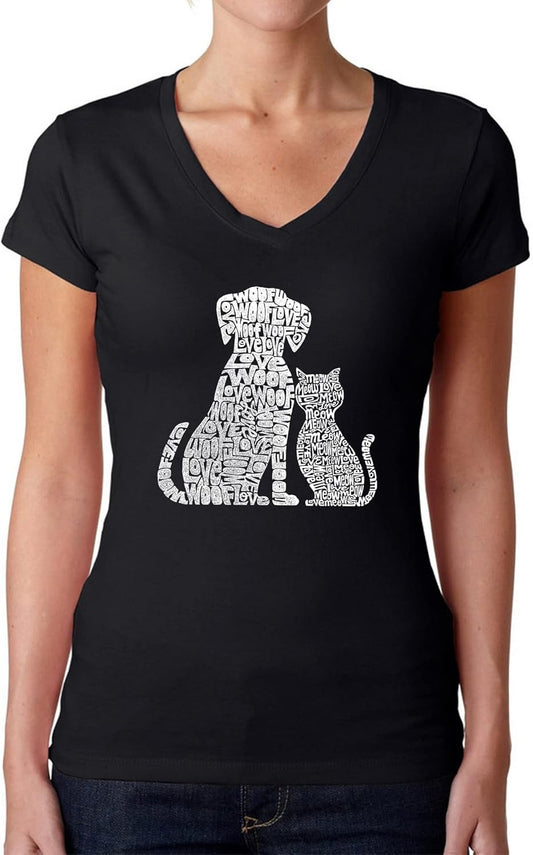 Women's Word Art V-Neck T-Shirt - Dog & Cat