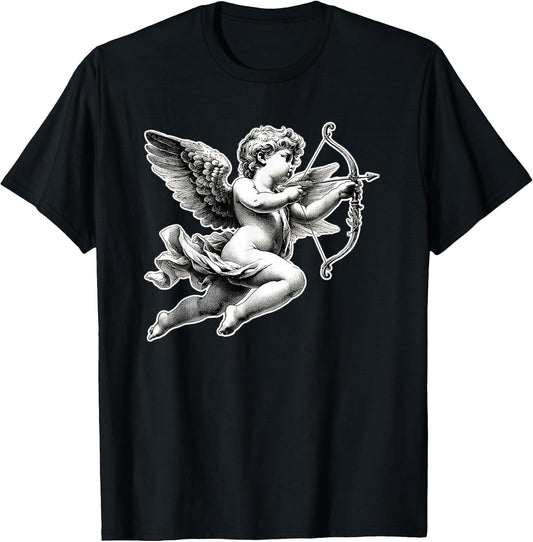 Cupid Angel Cherub Blackwork T-Shirt - Women's Classic Fit V-Neck Short Sleeve - Black - Small