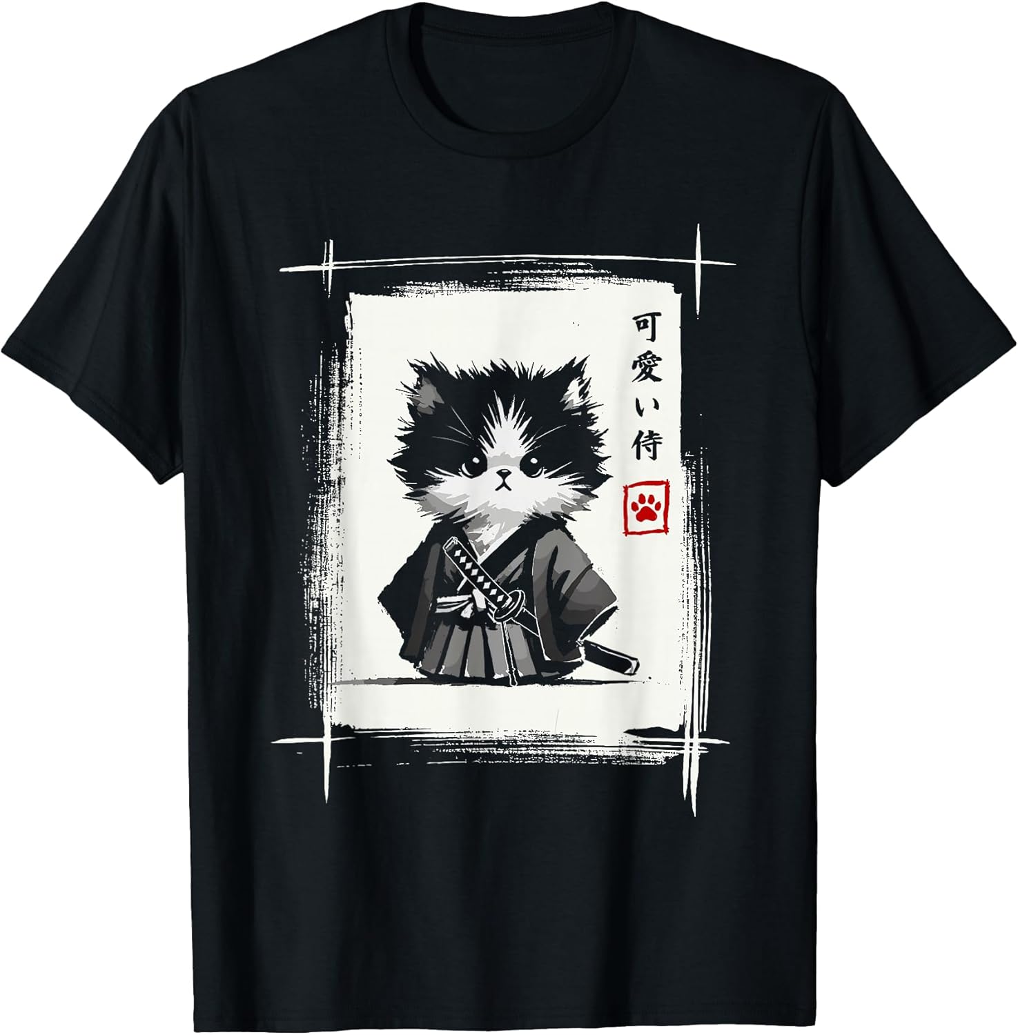 Samurai Cat Japanese Art Sumi-e Novelty Kawaii Funny Cat T-Shirt