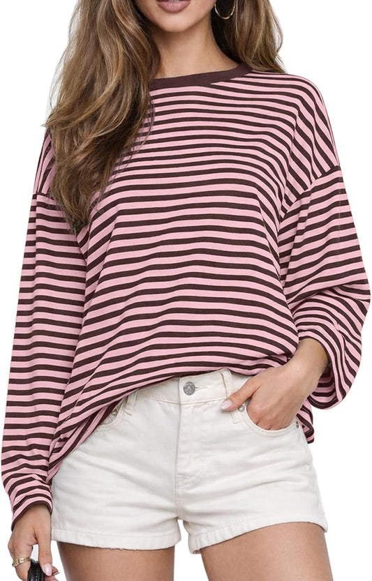 Women Oversized Striped Long Sleeve T Shirt Fashion 2026 Crewneck Casual Fall Spring Tops Y2K Clothes