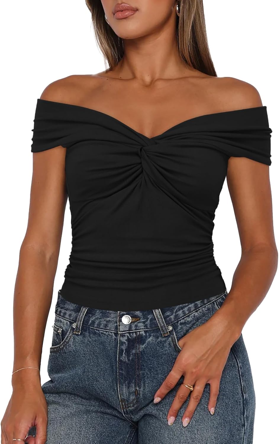 Women Summer Twist Knot Front Off The Shoulder Tank Tops Cap Sleeve Going Out Shirts Slim Fitted Y2K Outfits