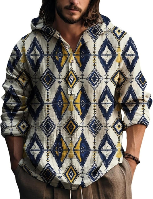 Ethnic Long Sleeve Hooded Shirts Men's Western Tshirt Button Down Shirt Casual Tops Spring Fall Geometric Tshirts