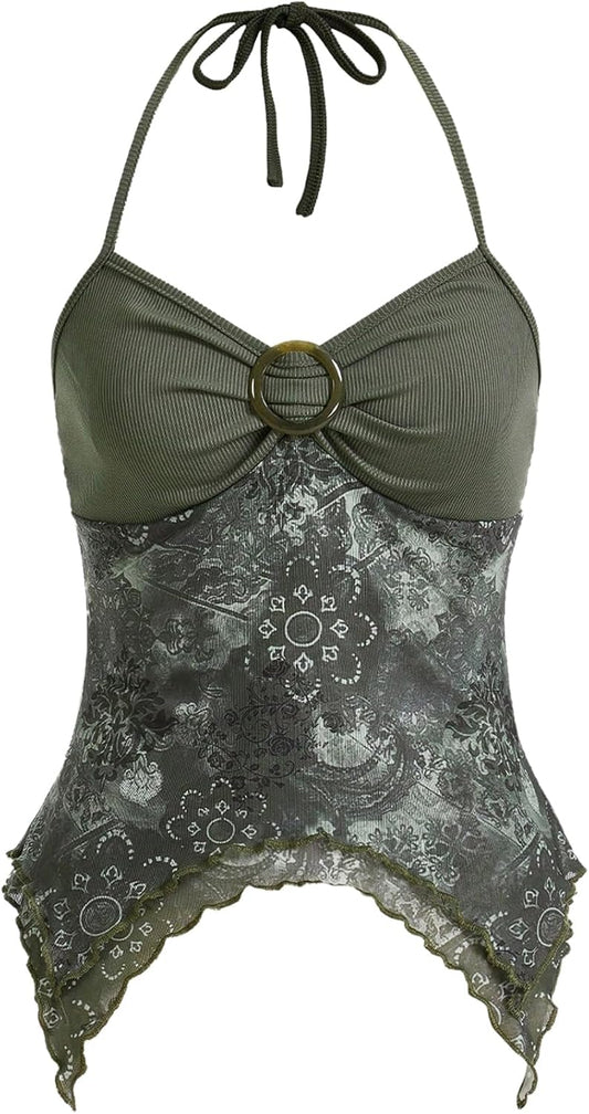 Women's Y2k Halter Top Fairy 2000s Clothing Asymmetrical Going Out Tops Aesthetic Whimsical Clothes