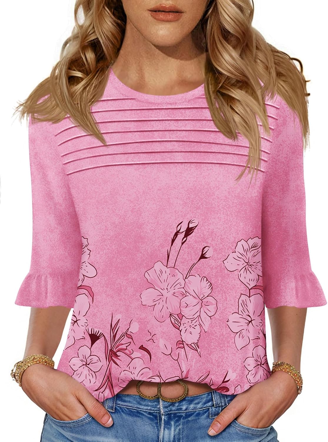 Womens Tops 3/4 Length Sleeve Dressy Casual Shirts Bell Sleeve Front Pleated Fasion Trendy Summer Blouses 2026