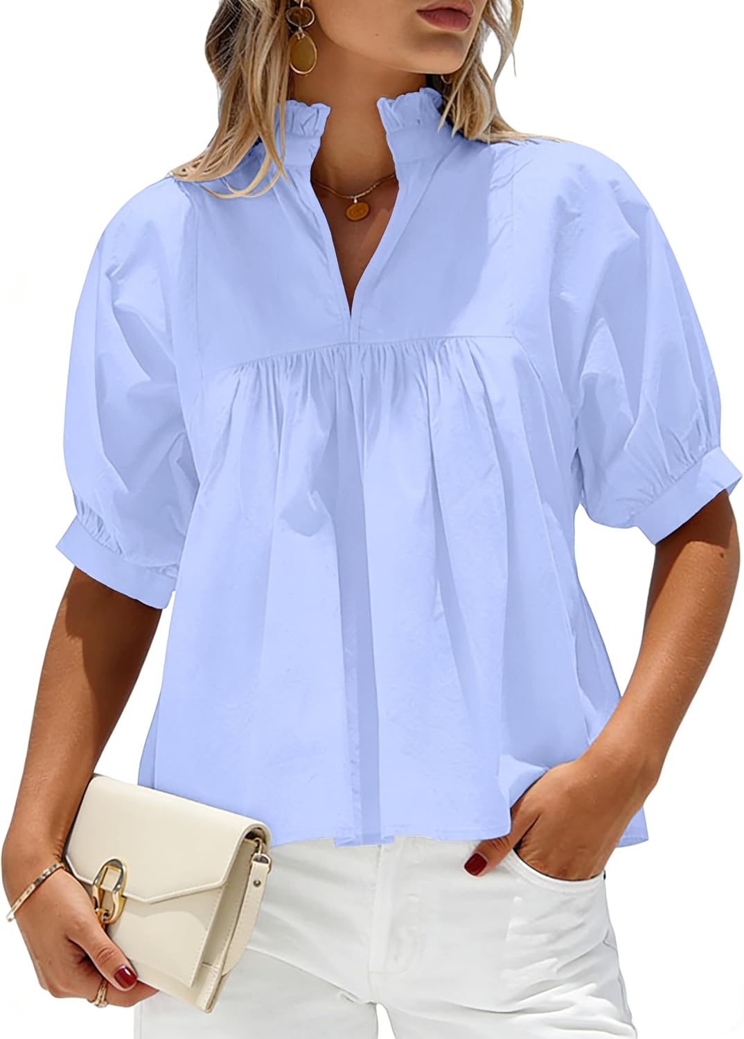 Puff Sleeve Blouses for Women Dressy Casual High Ruffle V Neck Babydoll Peplum Tops Summer Loose Shirts