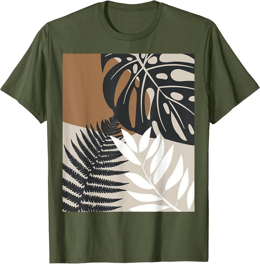Minimalist Tropical Botanical Nature Leaf Beige White Black T-Shirt