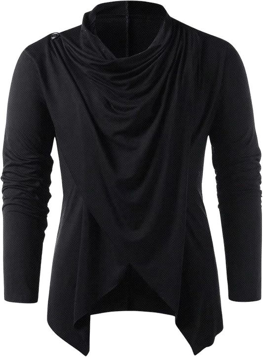 Men's Long Sleeve Pile Heap Collar Pullover Top Irregular Hem Vintage Punk Tee Tops