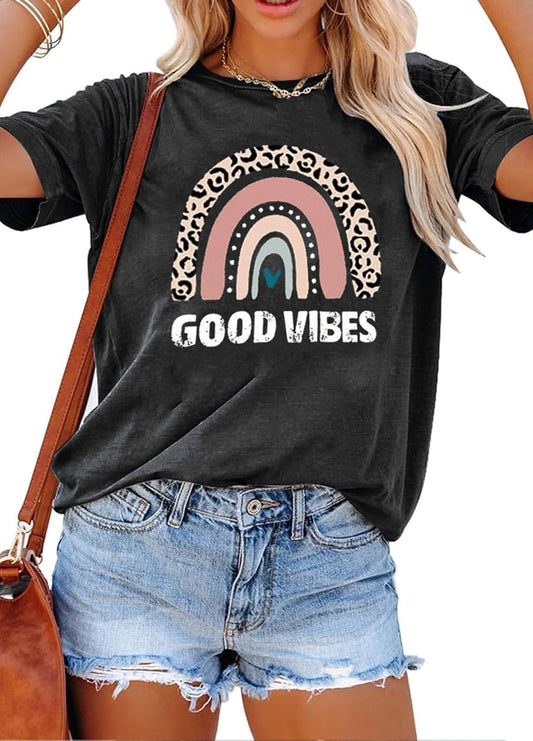 Womens Graphic Tees Short Sleeve Summer Tops Funny Letter Print Crew Neck Casual Loose Cute T Shirts