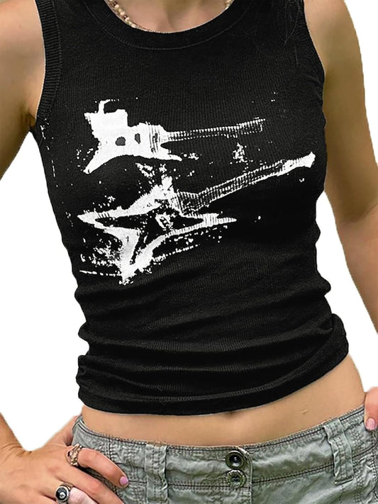 Women's Star Sleeveless Crop Top Vintage Y2k Tops Round Neck Racerback Grunge Tank Tops Casual Tee