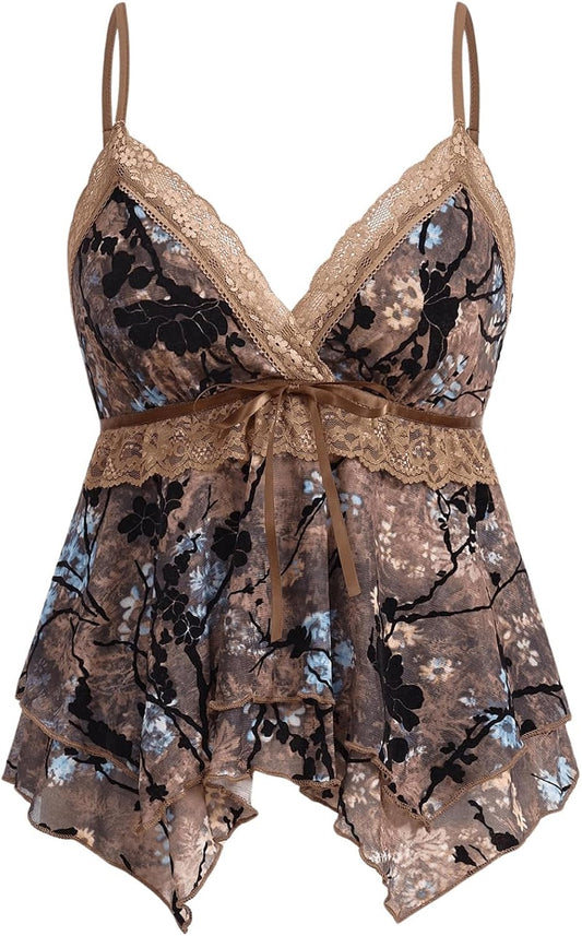 Women's Y2K Tops Babydoll Summer Tank Tops Going Out Floral Lace Mesh Shirt Whimsical Clothes