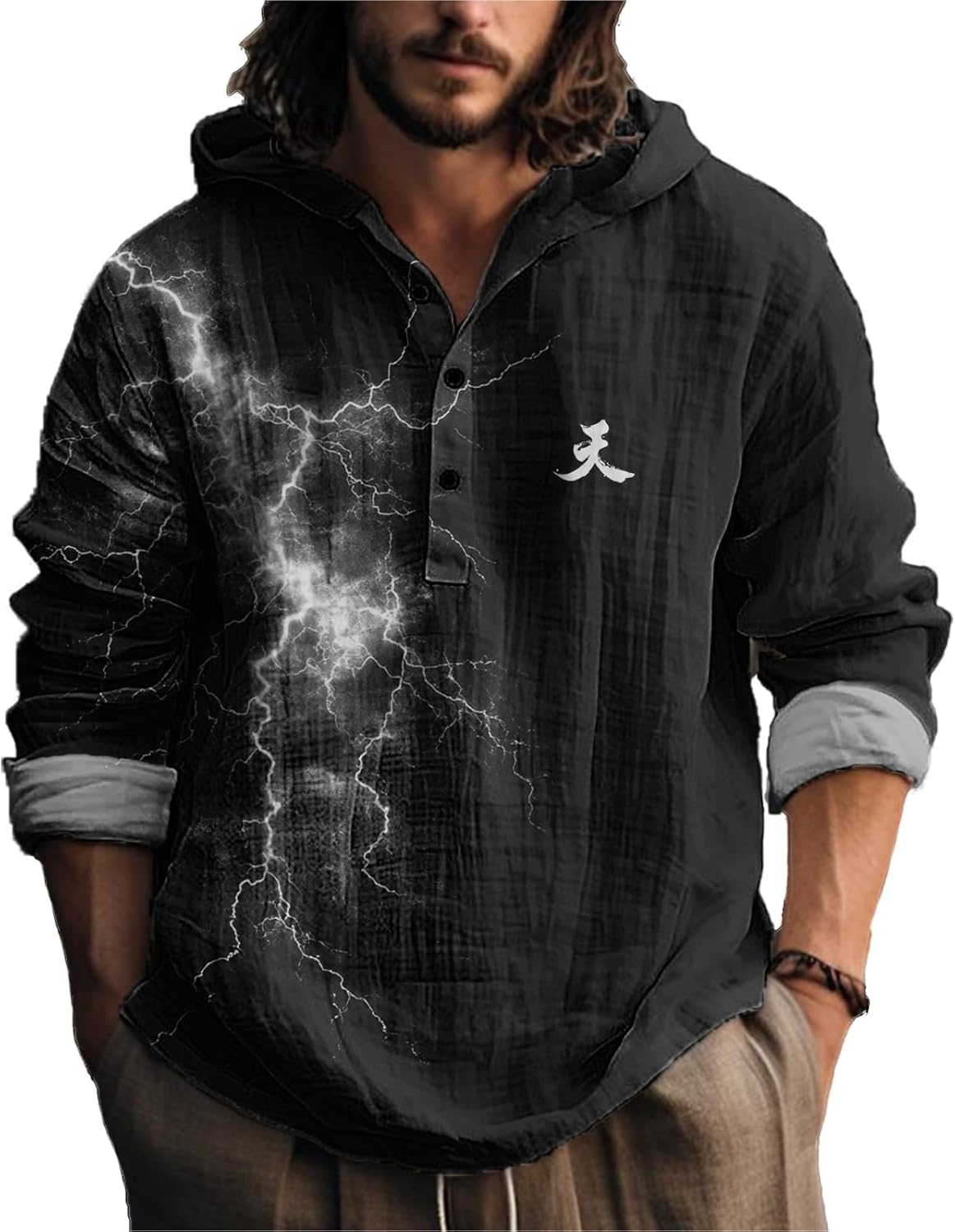 Novelty Hippie Light Weight Hoodie for Men Long Sleeve Hooded Shirt Casual Quarter Button Tops for Spring Fall
