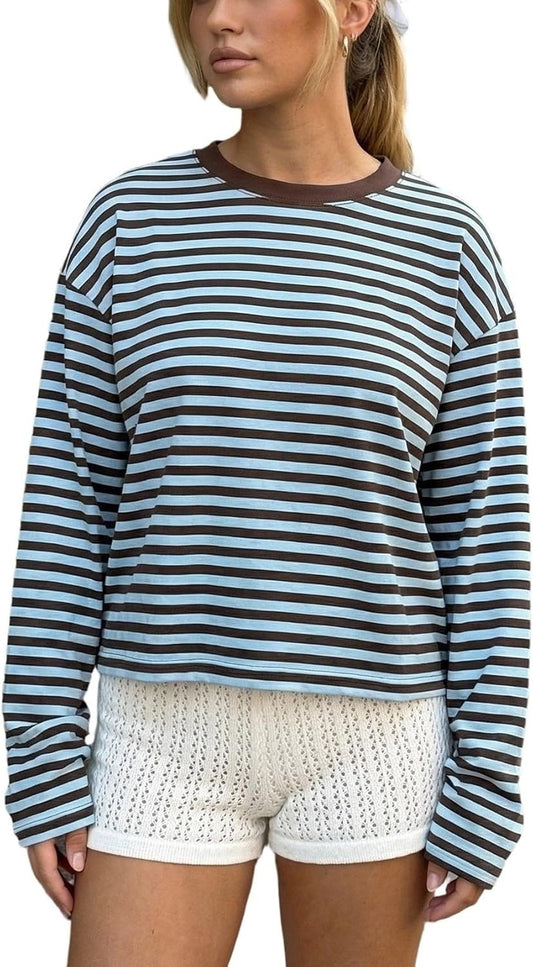 Women Oversized Striped Long Sleeve Shirt Crewneck Cropped Tops Drop Shoulder Y2K Preppy Sweatshirt Fall Clothes