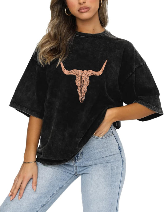 Rodeo Cow Skull Shirts for Women Vintage Western Bull Skull Graphic T-Shirt Retro Cowgirl Oversized Casual Tee Tops