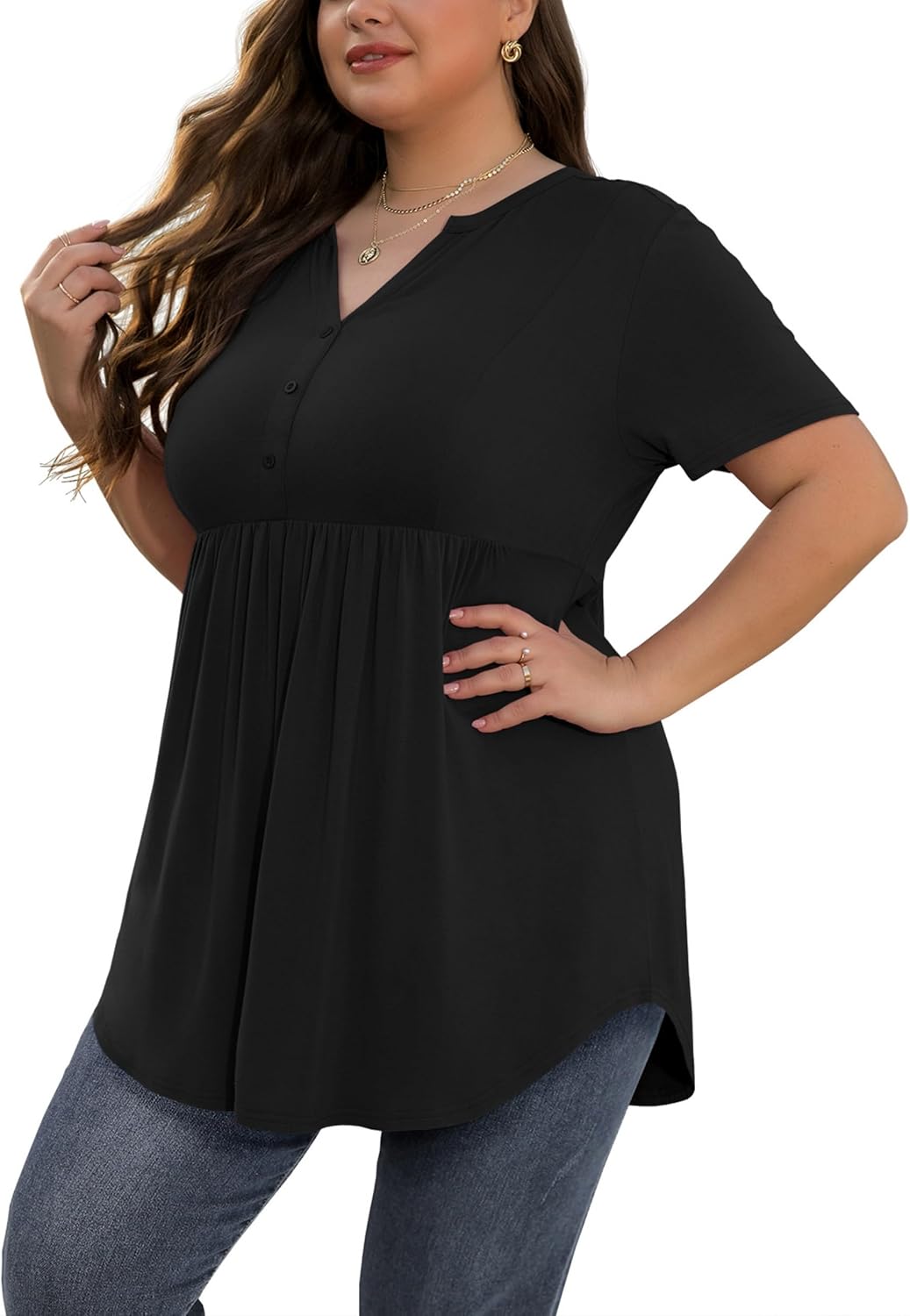 Women's Plus Size Henley Shirts V Neck Button Tunic Tops Casual Short Sleeve Swing Flowy Tunic
