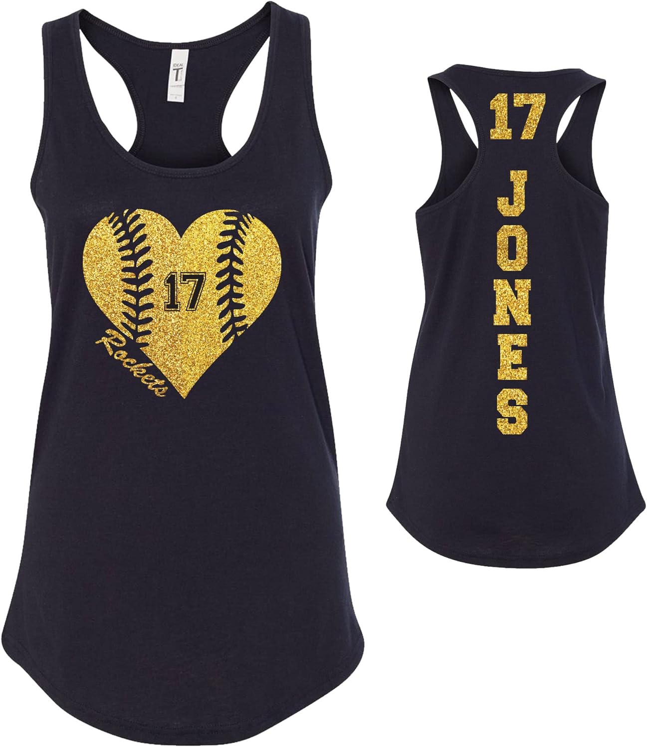 Custom Glitter Baseball Heart Cotton Women's Fitted Racerback Tank Top Personalized to Support Your Favorite Team and Player Baseball Mom Gift - 1533 Black