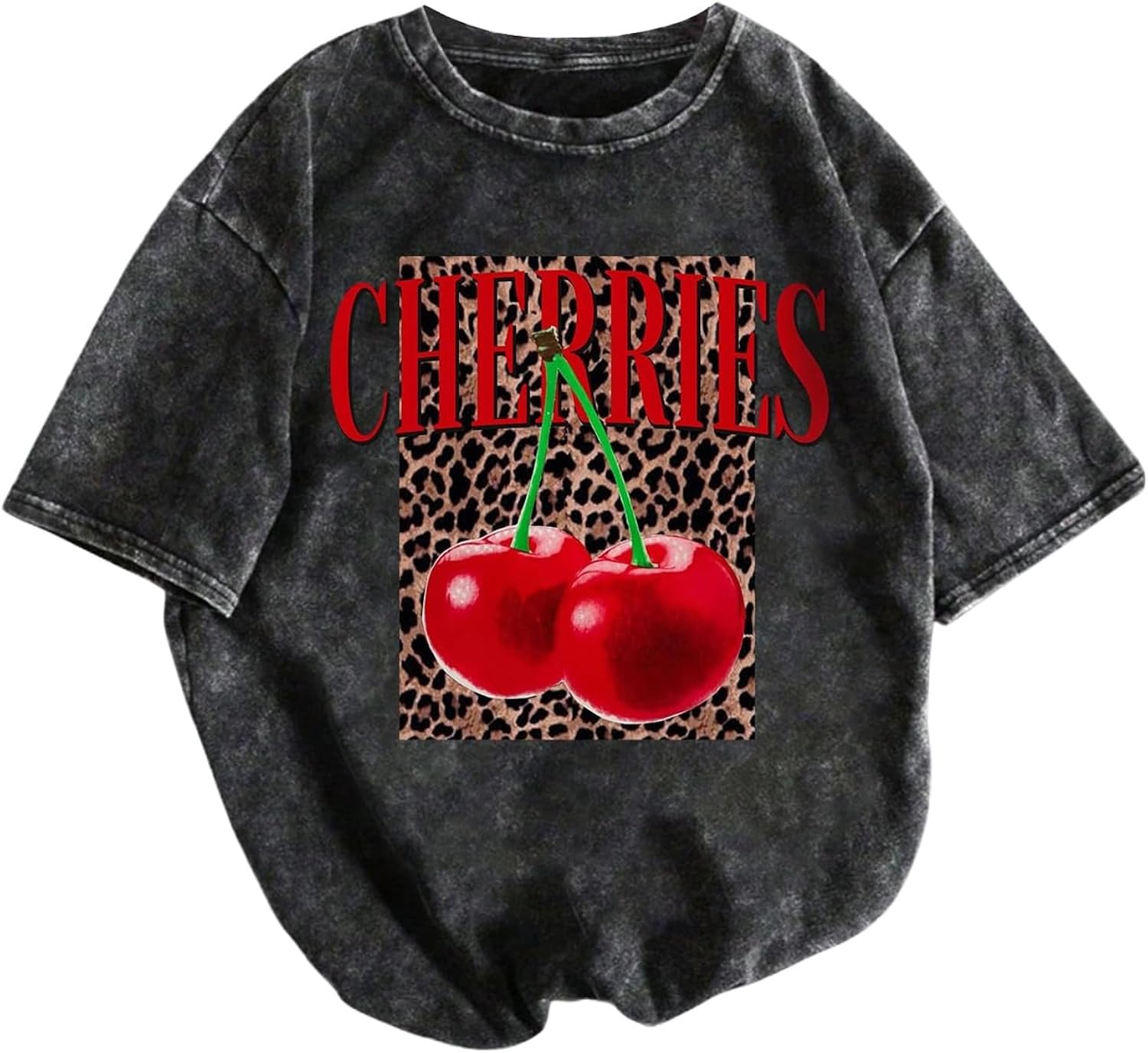 Women's Washed T-Shirt Short Sleeve Leopard Cherry Graphic Tees Vintage Crew Neck Shirts