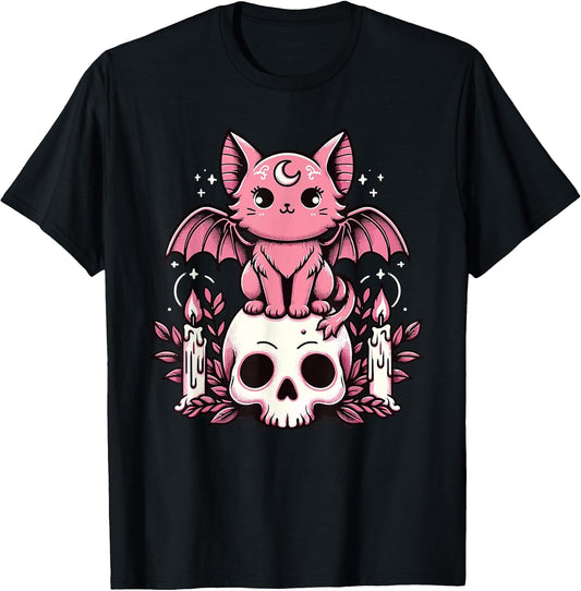 Kawaii Pastel Goth Cute Creepy Cat Bat Skeleton T-Shirt