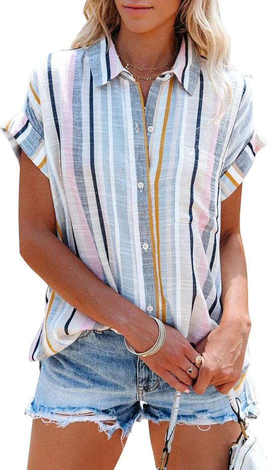 Womens Short Sleeve Striped Shirts Casual Button Down V Neck Work Blouses Tops