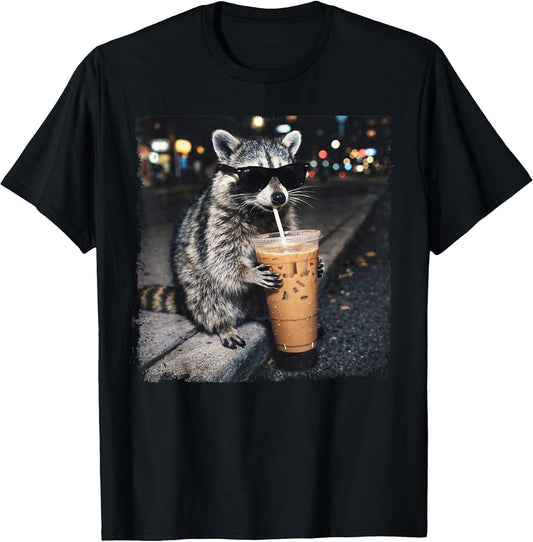 Funny Raccoon Drinking Iced Coffee Funny Animal Meme Raccoon T-Shirt