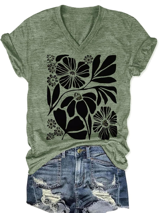 Vintage Boho Tops for Women V-Neck Flowers Shirt Spring Graphic Tees Floral Print Summer Casual Short Sleeve Tshirt Top