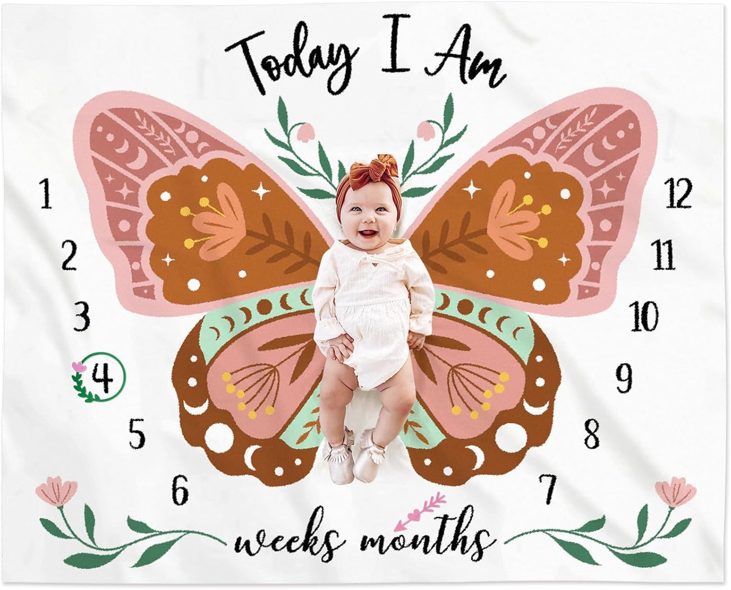 Boho Baby Blanket Butterfly Monthly Milestone Bohemian Floral Girl Photo Prop Sage Green and Pink Blanket Ideas for Personalized Baby Stuff Shower Newborn Decorations Nursery Gift Decor Mom