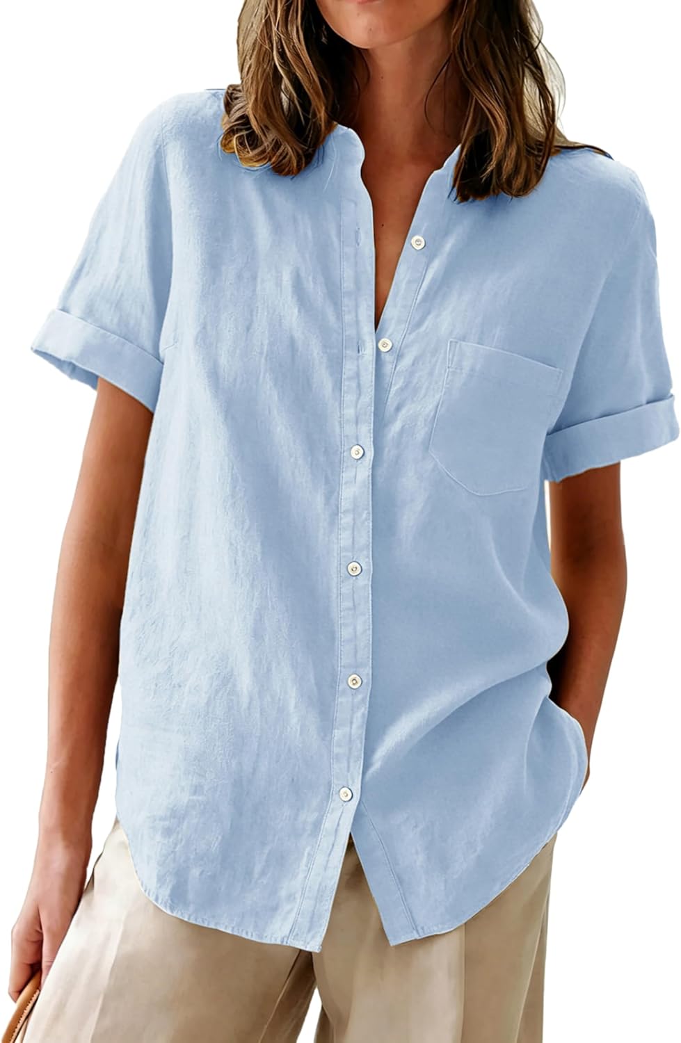 Womens Button Down Shirts Oxford Short Sleeve Cotton Dress Shirts Collared Button Up Casual Blouses Tops with Pocket