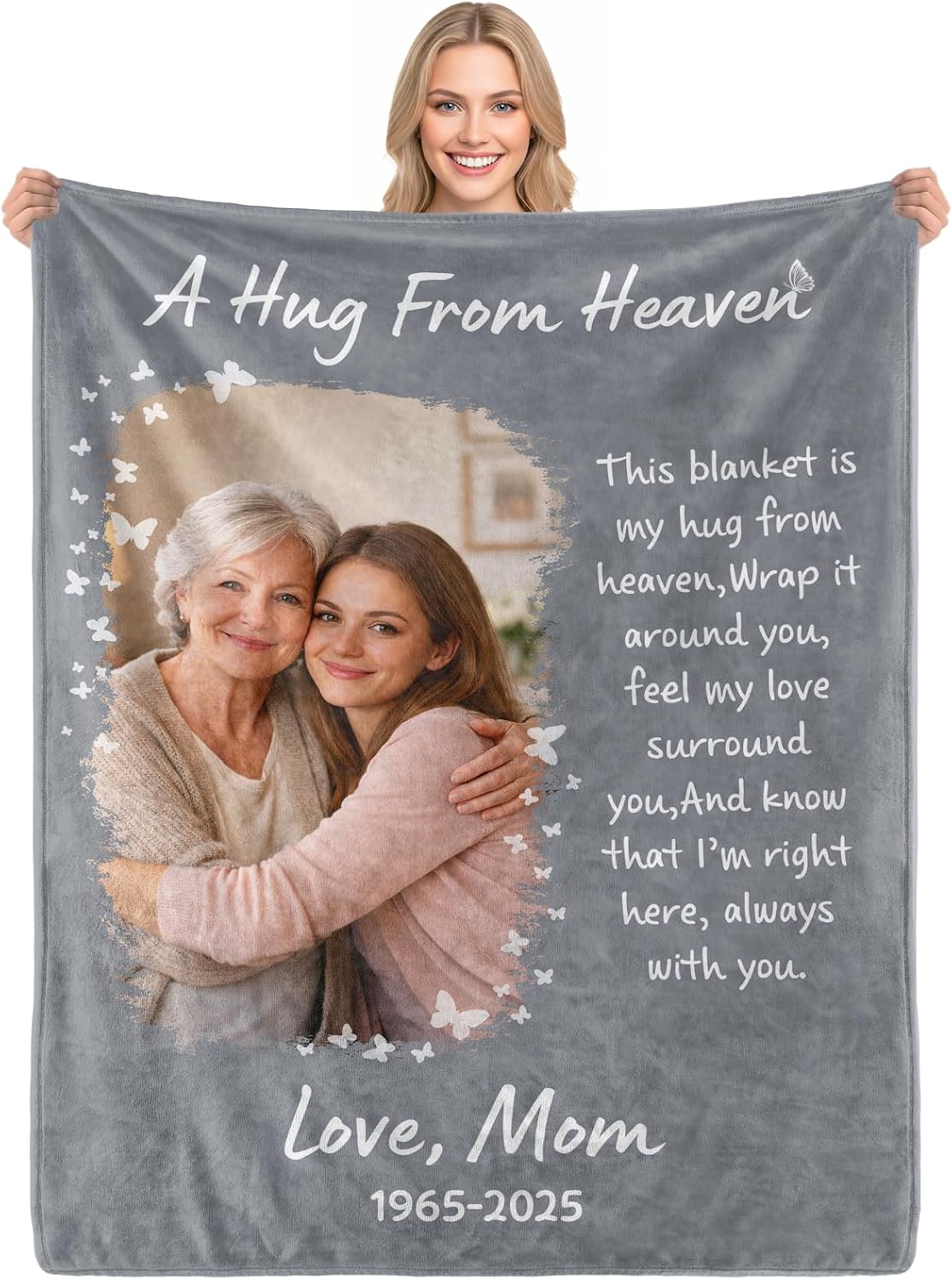 Custom Memorial Photo Blanket,Personalized Sympathy Throw, Loss of Loved One Gift, A Hug from Heaven Custom Bereavement Blanket for Loss of Mom Dad
