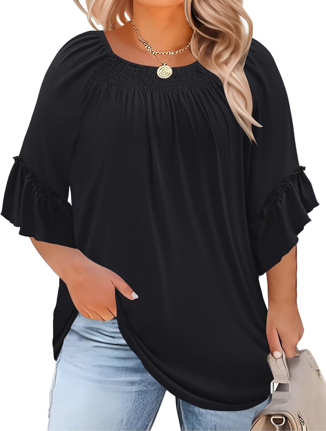 Womens Plus Size Tops 3/4 Ruffle Sleeve Shirts Crewneck Pleated Blouses Dressy Casual Fashion Tunic Top (1X-5X)