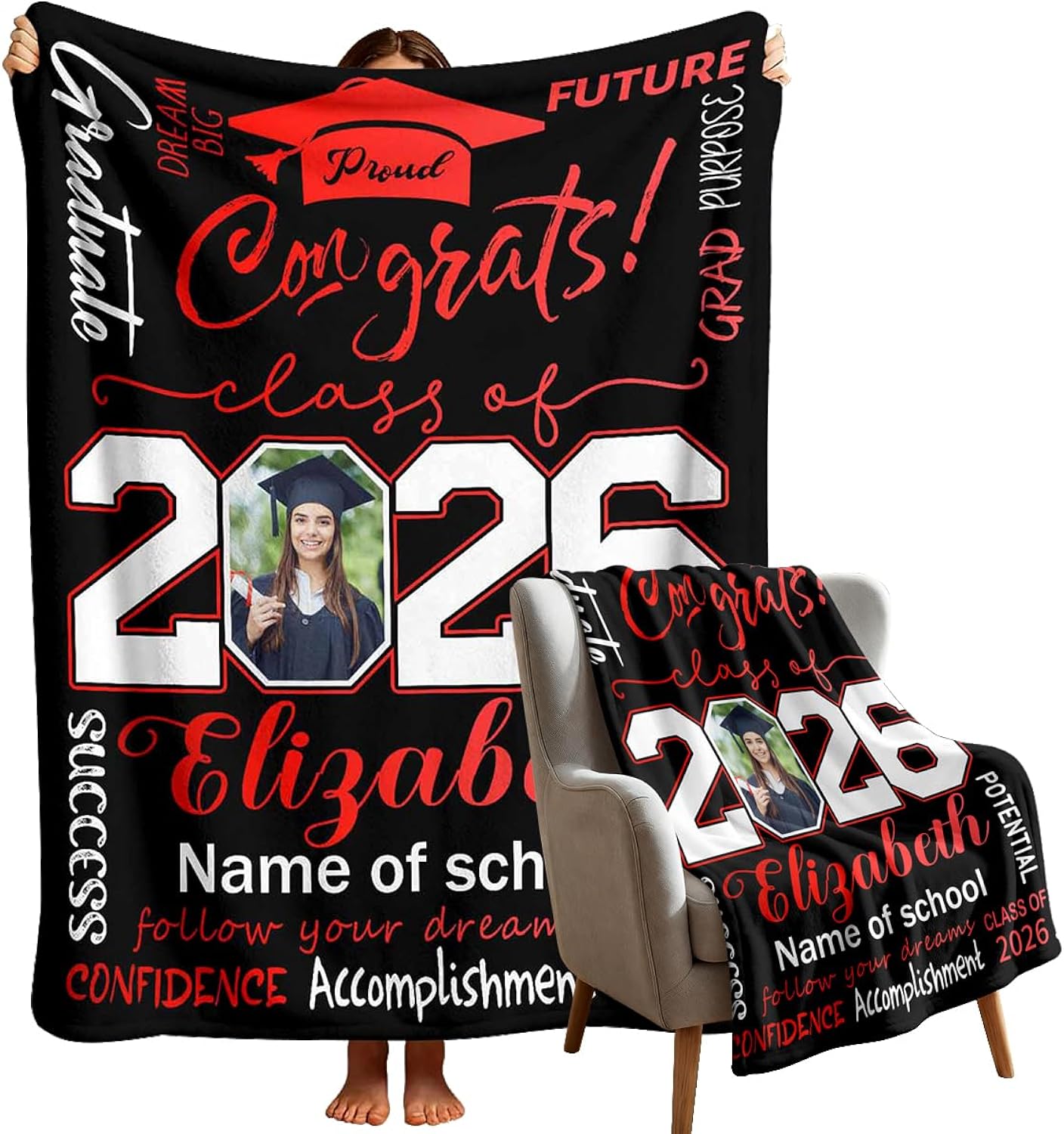 Custom Graduation Blanket with Name Photo, Personalized Blanket Red Grad Throw Class of 2026 Graduates Gifts Graduation Decorations for Her Him High School & College