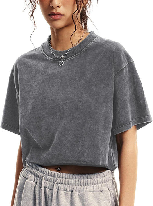 Womens Oversized Vintage T Shirts Casual Cropped Tees Short Sleeve Cotton Acid Wash Tops Summer Grunge Shirts