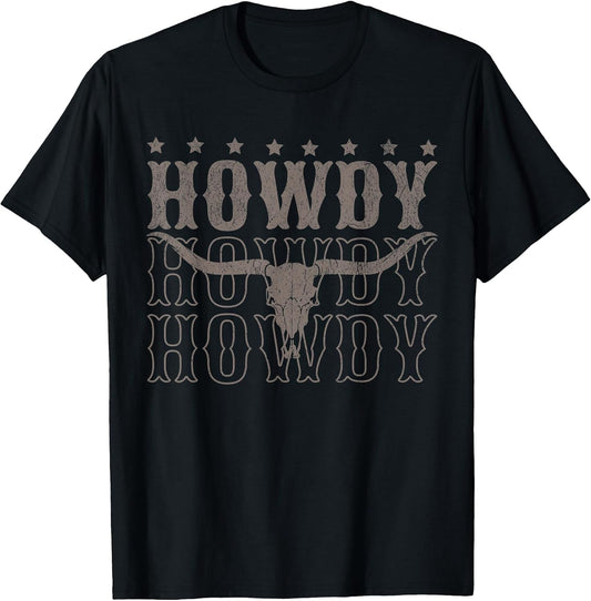 Retro Howdy Cow Bull Skull Cowboy Cowgirl Western Country T-Shirt