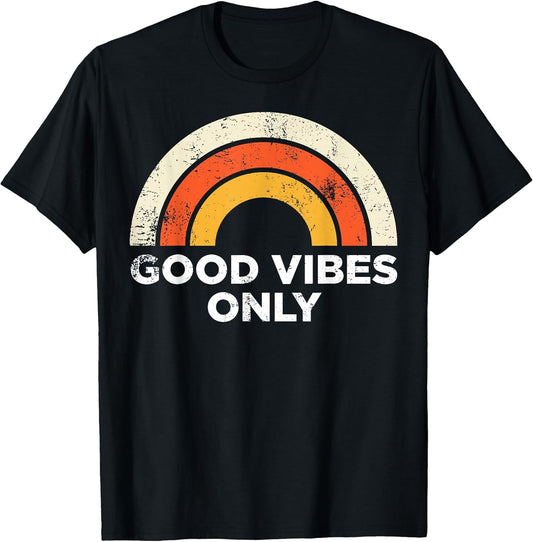 Casual Graphic Tee Vintage Retro Good Vibes Only Rainbow T-Shirt