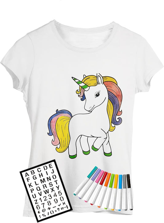 DaVinci in You Coloring Shirt Kit for Girls with 10 Fabric Markers and Alphabet Stencil - DIY Arts and Crafts, Unicorn, Mermaid and Birthday Girl