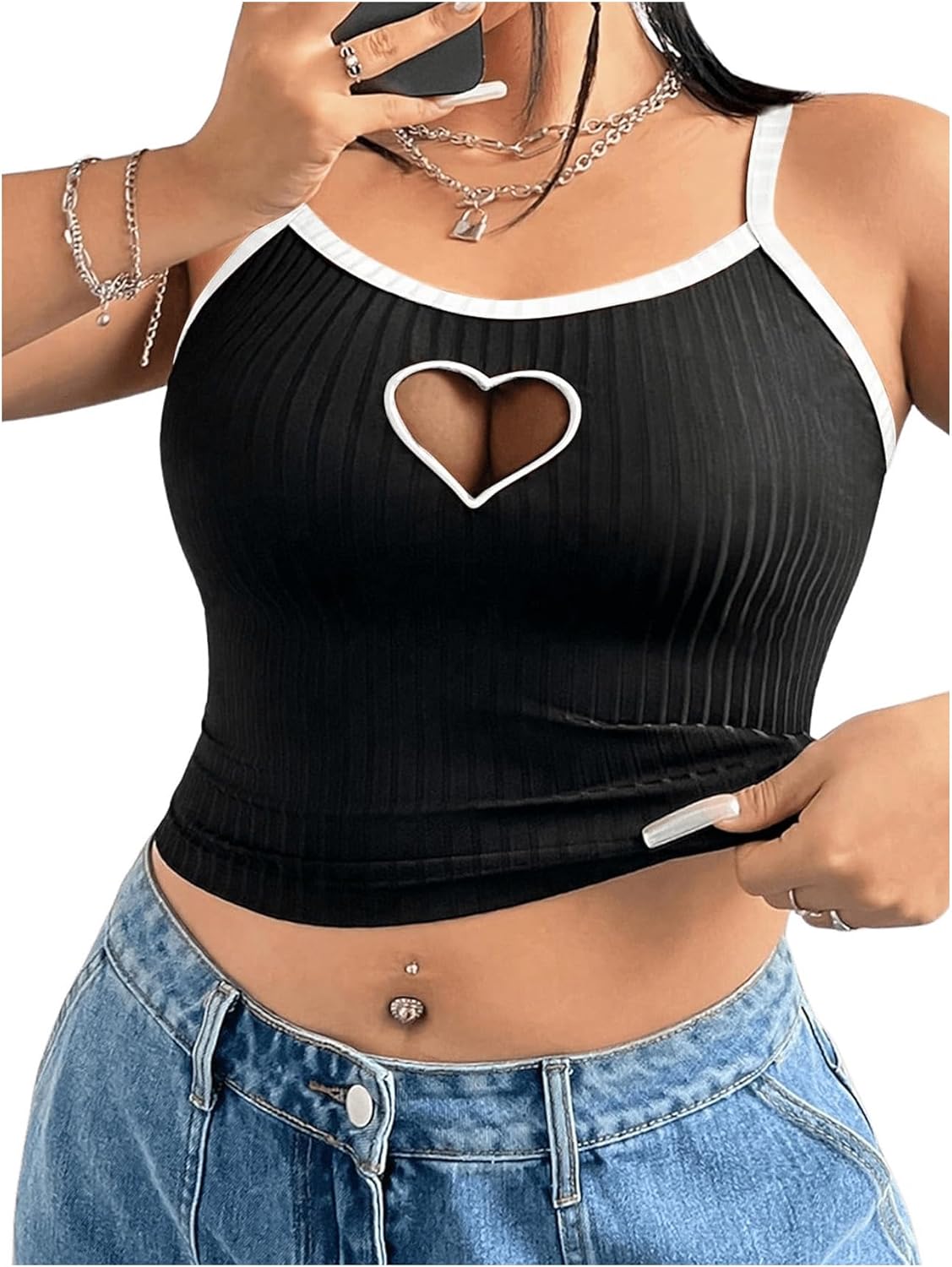 Women's Plus Size Goth Cami Crop Tops Contrast Mesh Spaghetti Strap Summer Top