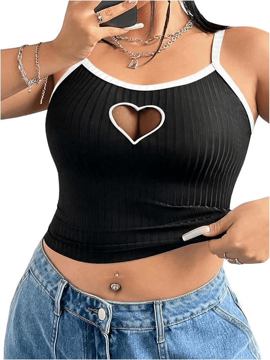 Women's Plus Size Goth Cami Crop Tops Contrast Mesh Spaghetti Strap Summer Top