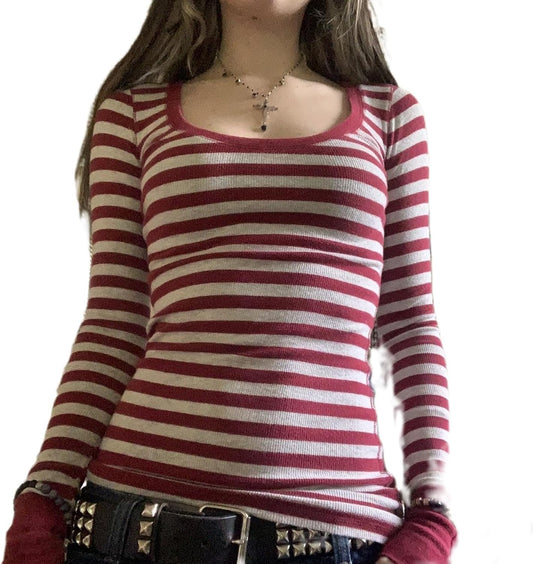 Women Y2k Striped Long Sleeve Shirt Grunge Tops Vintage Aesthetic Gothic Color Block Tees Fairy Teens Girls Shirts