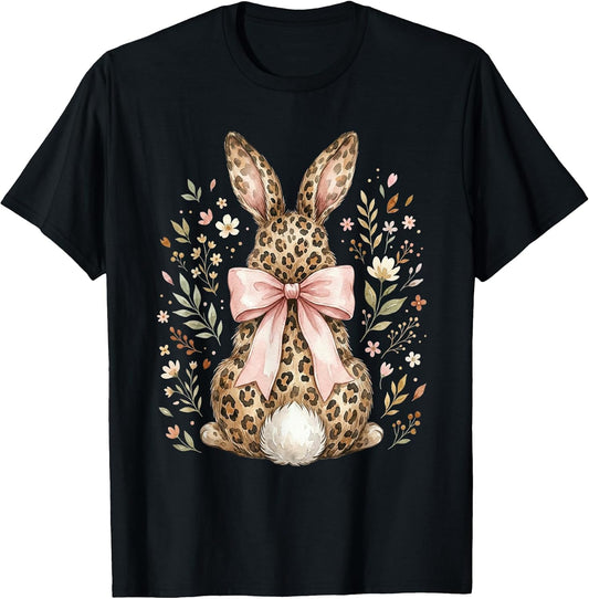 Happy Easter Leopard Bunny Rabbit Coquette Bow Aesthetic T-Shirt