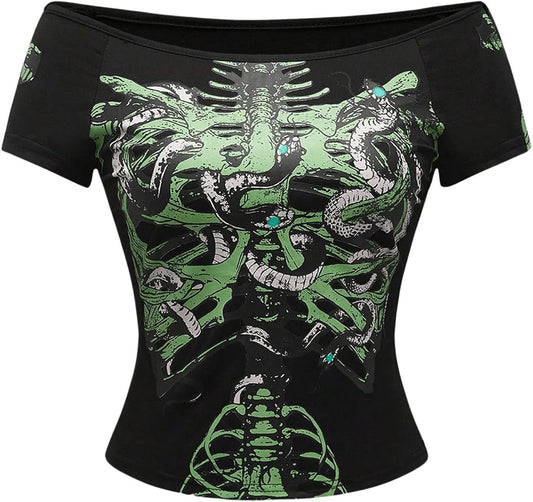 Women's Goth T Shirts Emo Off The Shoulder Y2K Grunge Graphic Tees Short Sleeve Tight Fitted Crop Tops