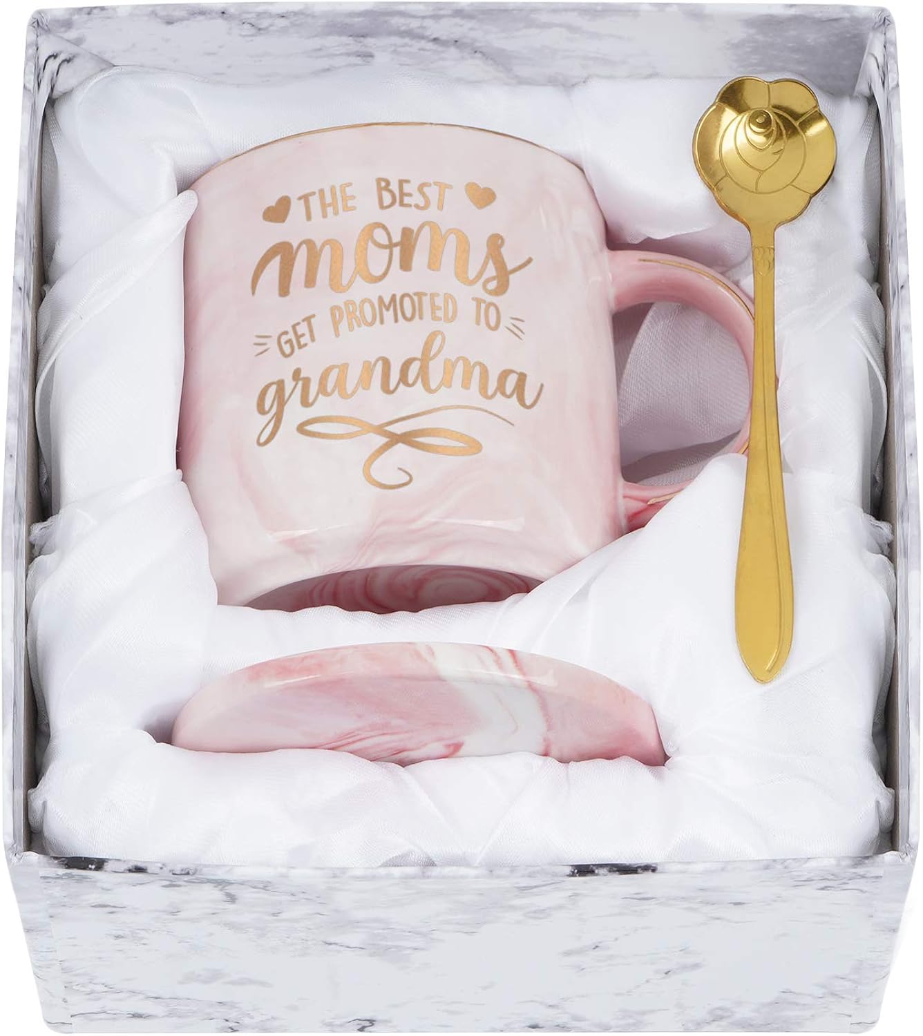 Cabtnca Mothers Day Gifts for Grandma, The Best Moms Get Promoted to Grandma Mug, Christmas Gift for Grandma from Grandson Granddaughter, Funny Coffee Mug 12Oz with Box and Spoon Coaster