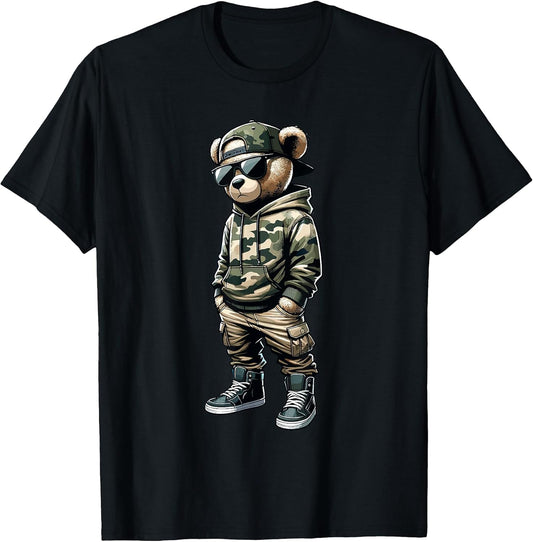 Camo Hip Hop Teddy Bear Cool Rapper Streetwear Graphic T-Shirt