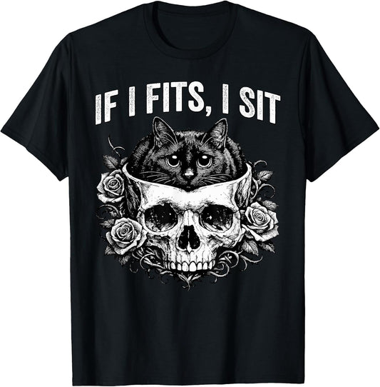 Gothic Black Cat Skull Minimalist Humor If I Fits I Sit T-Shirt