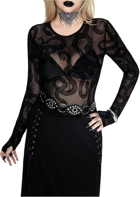 Women's Gothic Snake Graphic Shirt Sexy Sheer Mesh Crew Neck Long Sleeve Fitted Fall Tops