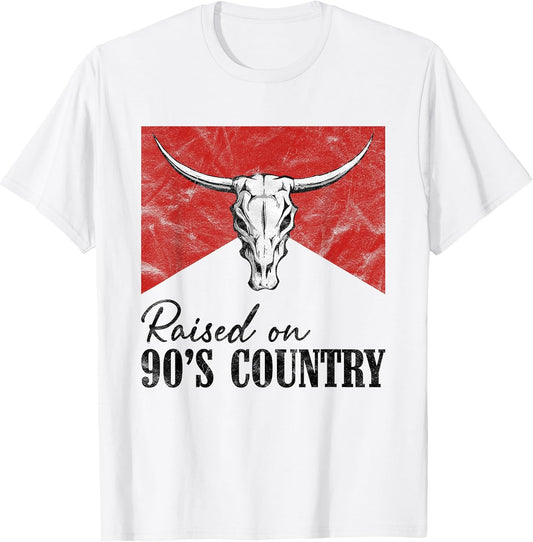 Vintage Western Bull Skull Raised On 90's Country Music T-Shirt