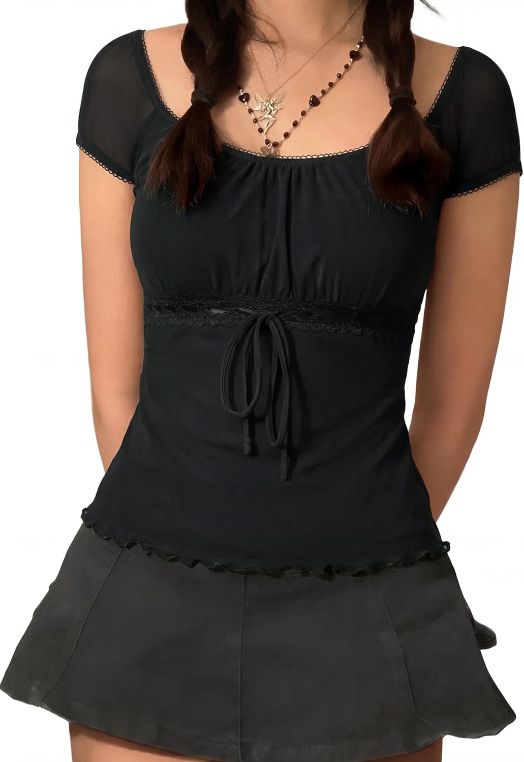 Y2K Mesh Top Women Babydoll Short Sleeve Shirt Scoop Neck Ruffle Hem Clothes
