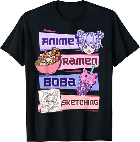 Anime Girl Ramen Boba Tea Bubble Tea Sketching T-Shirt